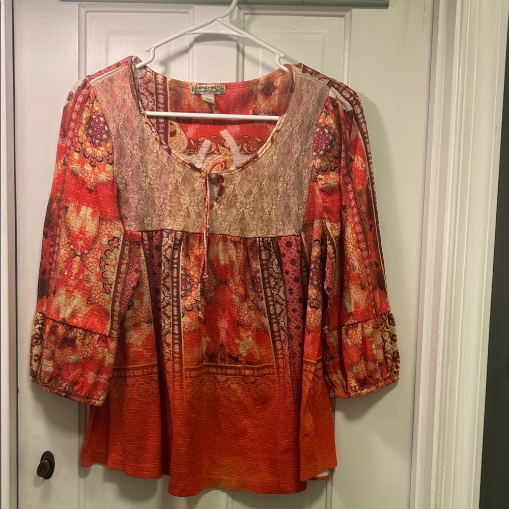 Vibrant Lace Trim Blouse - Red and Orange